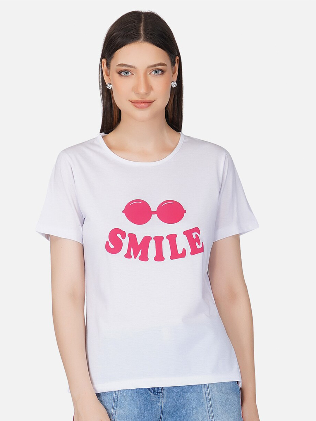 

BASE 41 Women White Typography Printed Slim Fit Cotton T-shirt