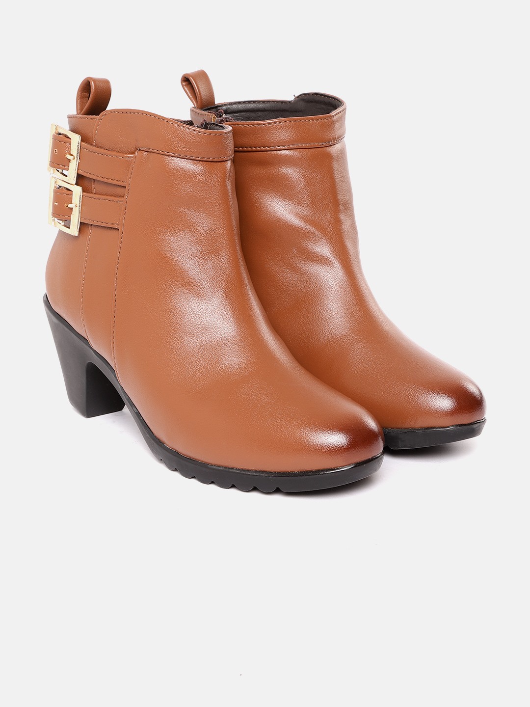 

ELLE Women Mid-Top Block Heel Regular Boots With Buckle Detail, Brown