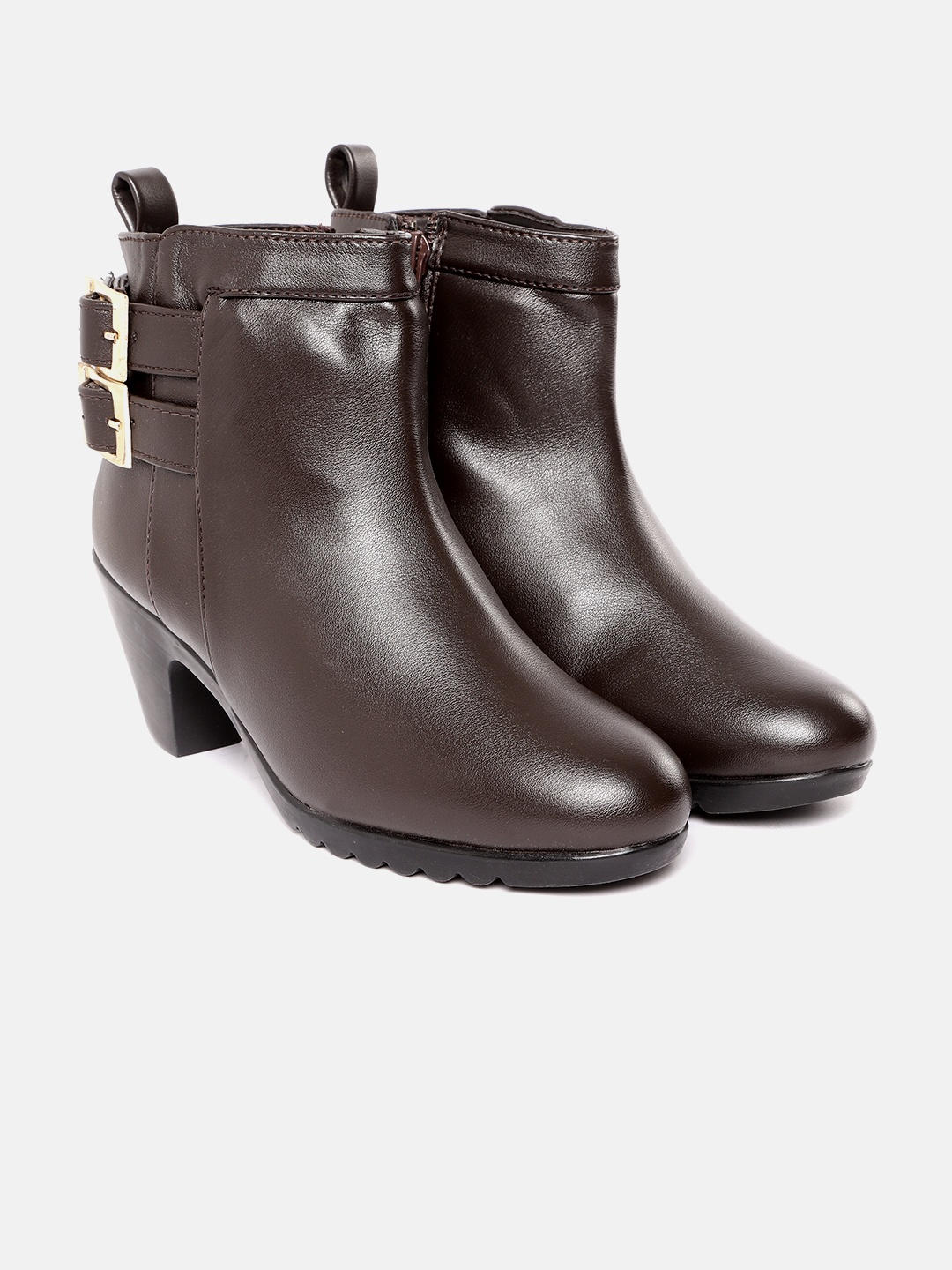 

ELLE Women Mid-Top Block Heel Regular Boots With Buckle Detail, Coffee brown