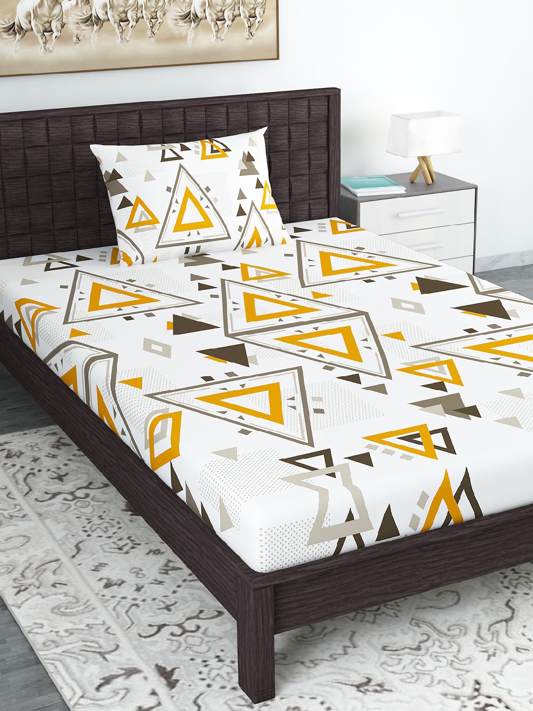 

Divine Casa White Geometric Blend Cotton 120 TC Single Bedsheet with 1 Pillow Cover