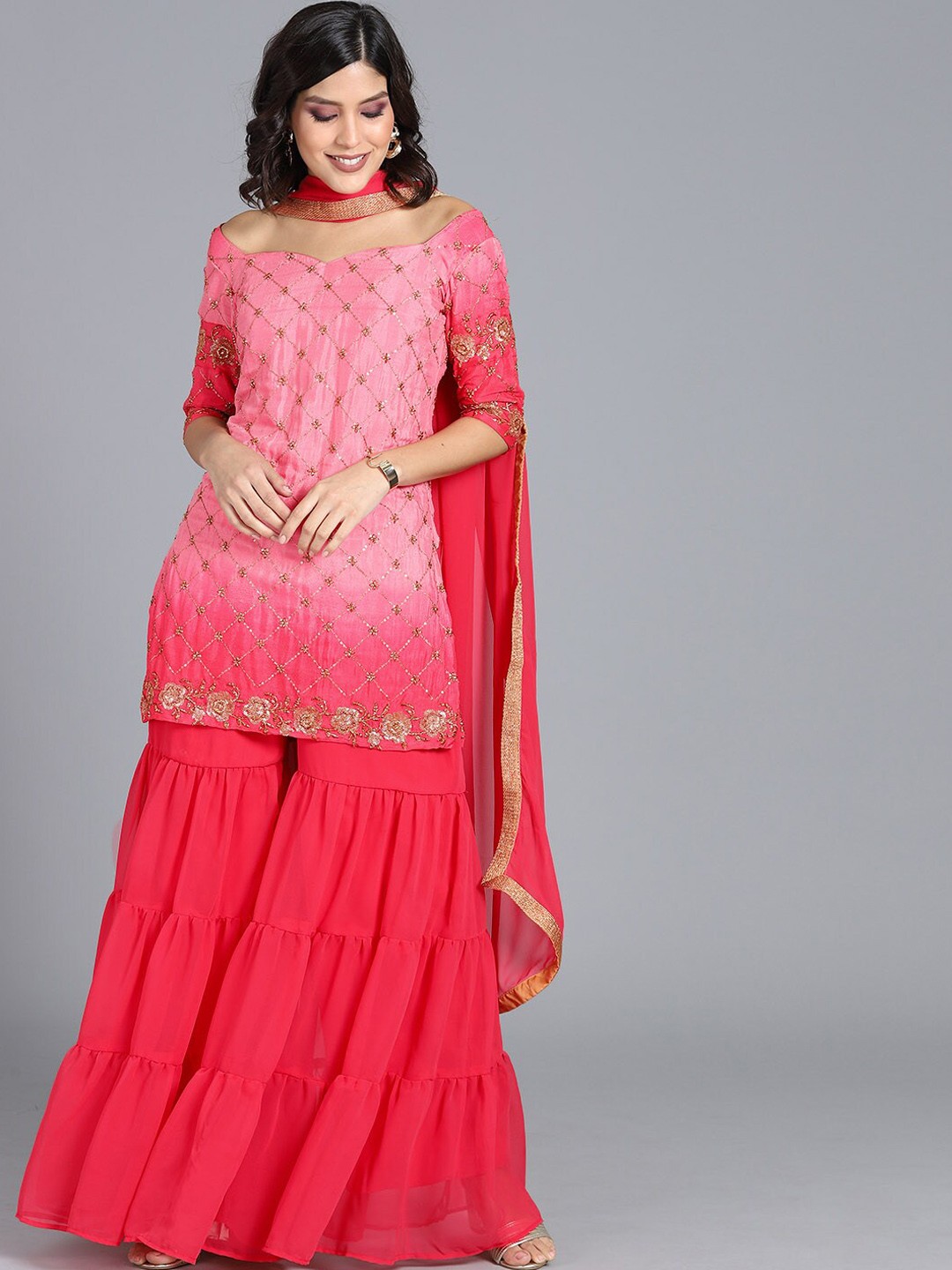 

Ethnovog Women Pink Embroidered Kurta with Sharara Dupatta
