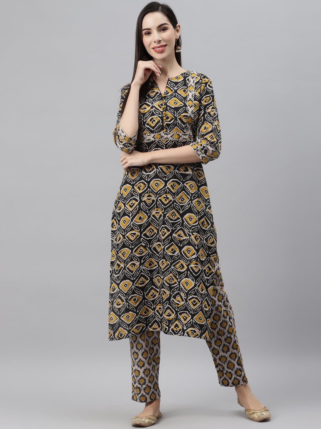 

Indibelle Women Black Embroidered Pleated Pure Cotton Kurta with Trousers