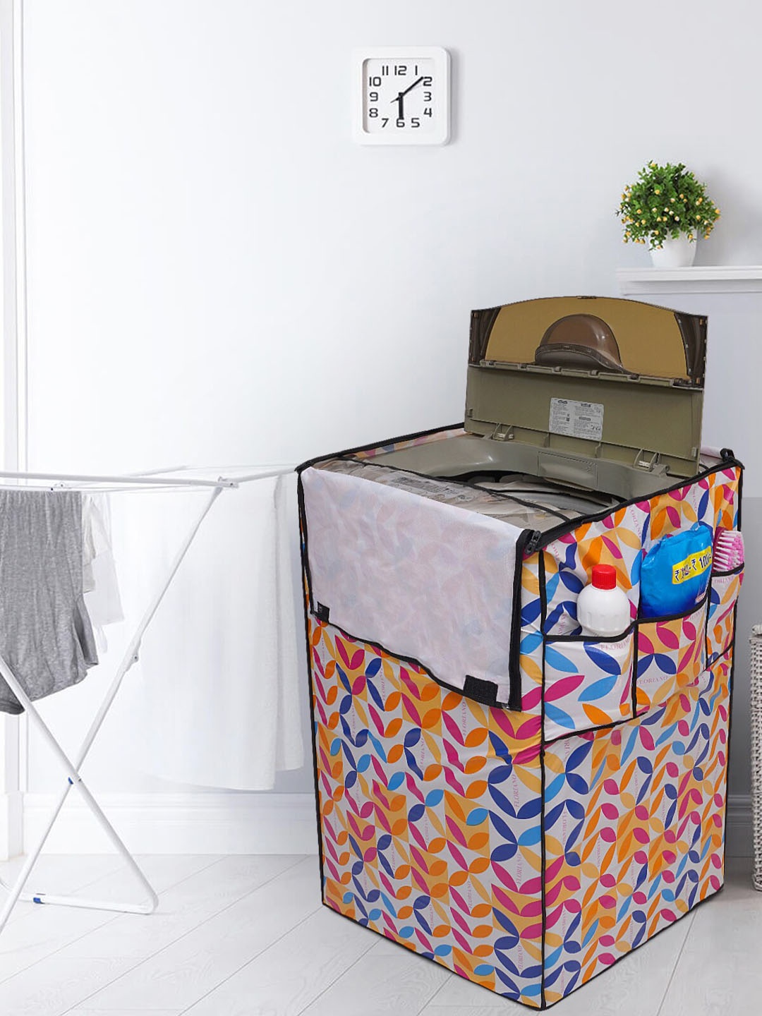 

DREAM CARE White & Pink Printed Washing Machine Cover