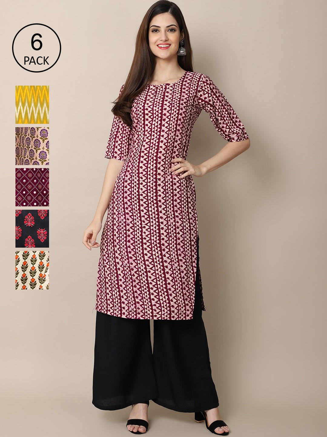 7Threads Women Pack of 6 Women Printed Straight Crepe Kurta, Multi