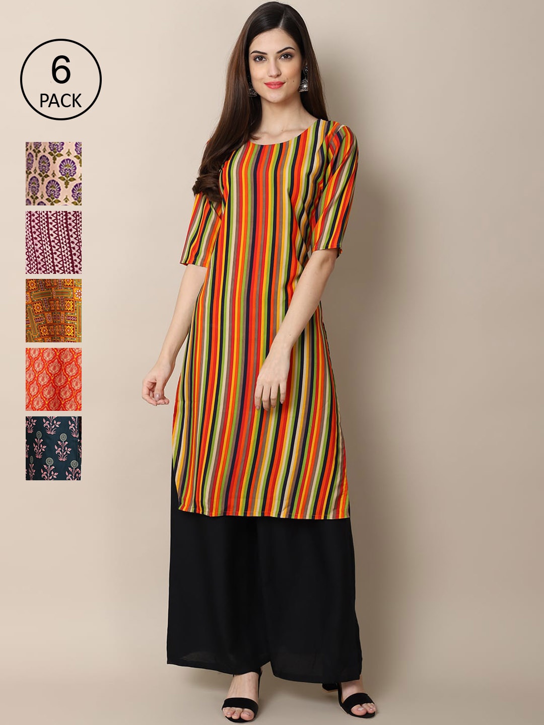 

7Threads Women Pack Of 6 Geometric Printed Block Print Crepe Kurta, Red