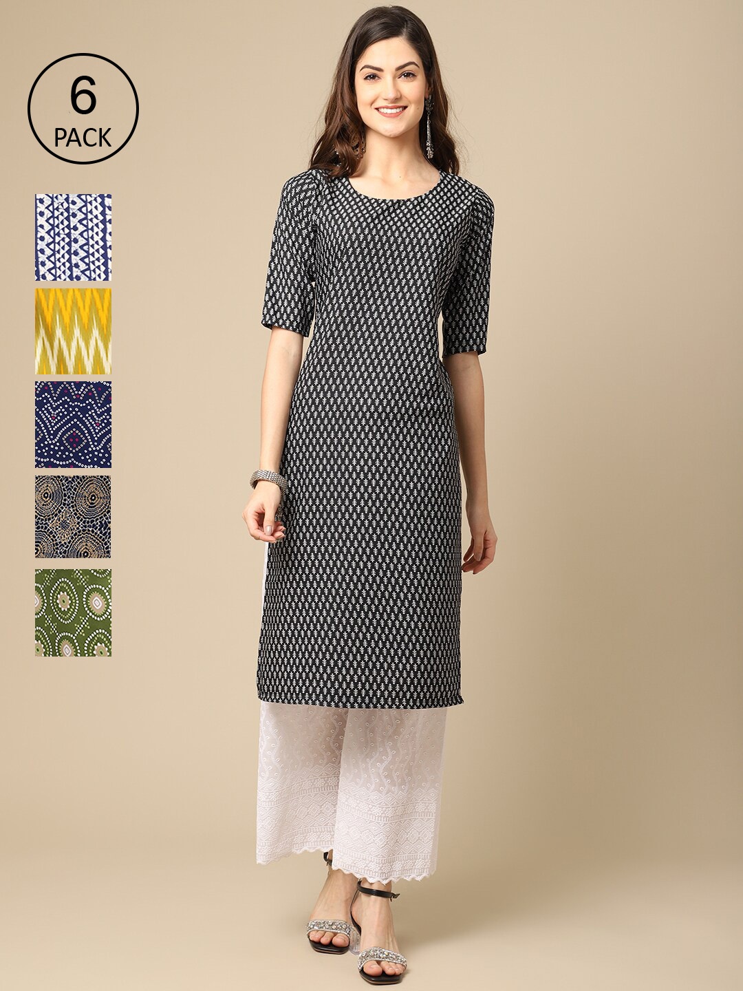 7Threads Women Pack of 6 Printed Crepe Kurta, Blue