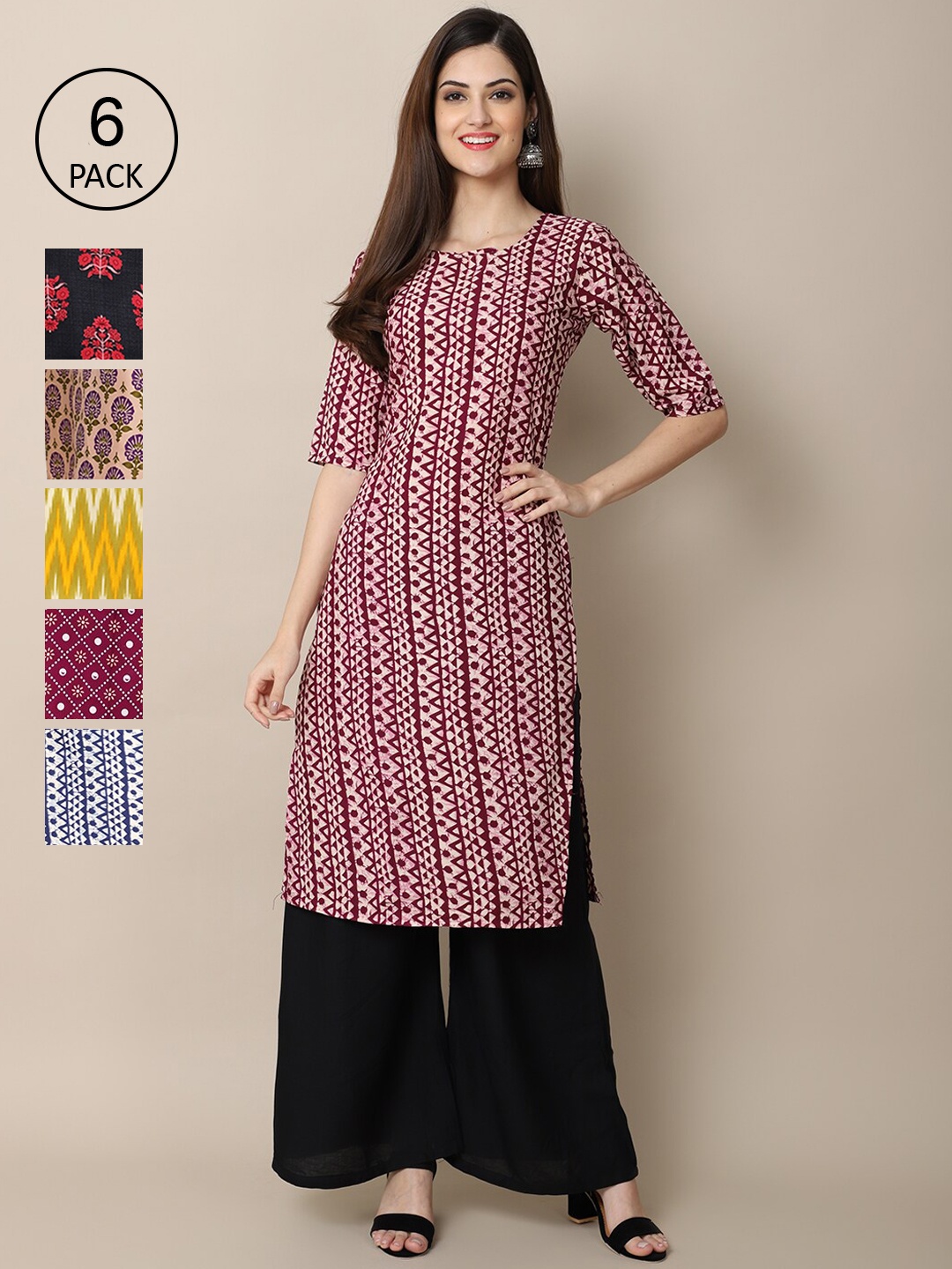 

7Threads Women Pack of 6 Pink & Black Geometric Printed Crepe Kurta