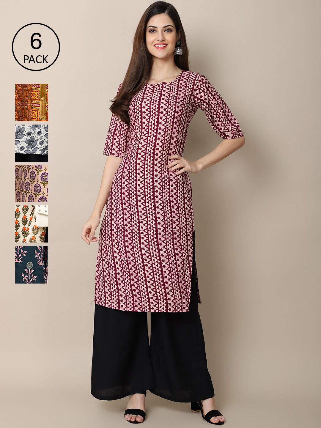 

7Threads Women Pack Of 6 Purple & Mustard Yellow Printed Crepe Kurta