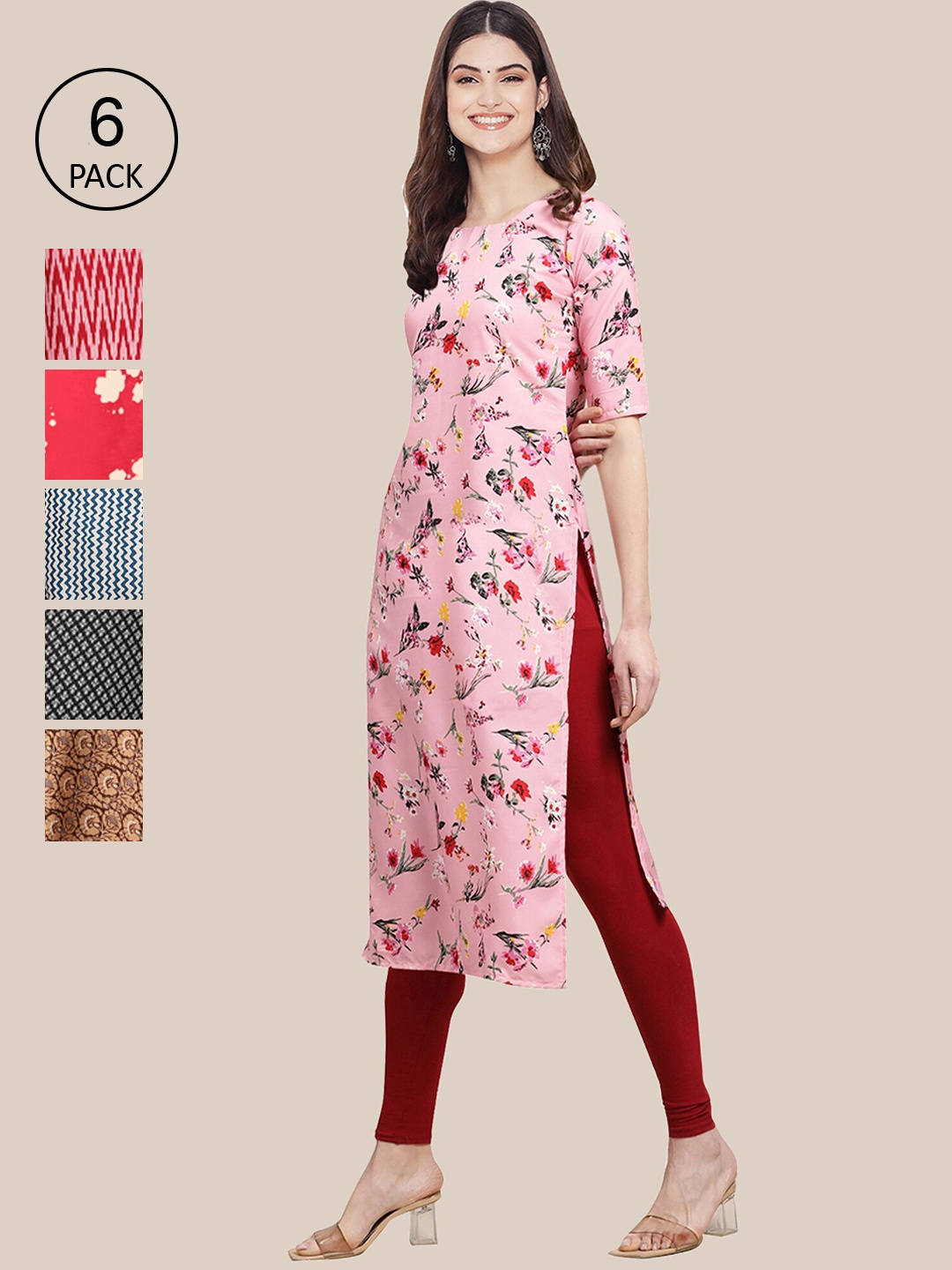 

7Threads Women Pack Of 6 Ethnic Motifs Printed Crepe Kurta, Pink