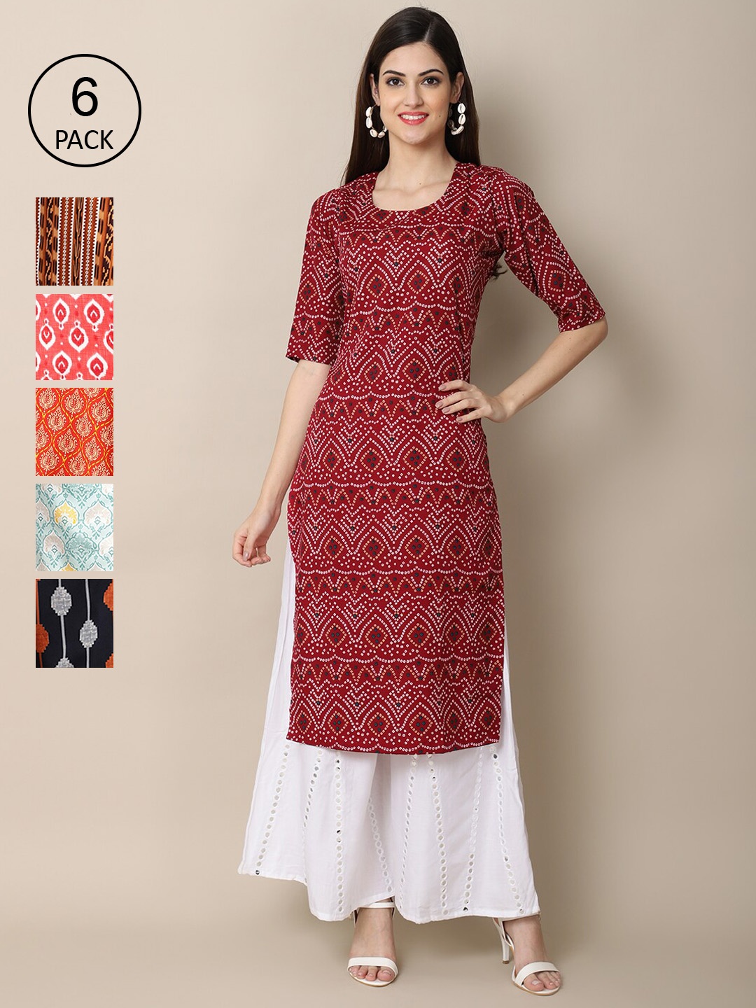 7Threads Women Pack of 6 Printed Crepe Kurta, Orange