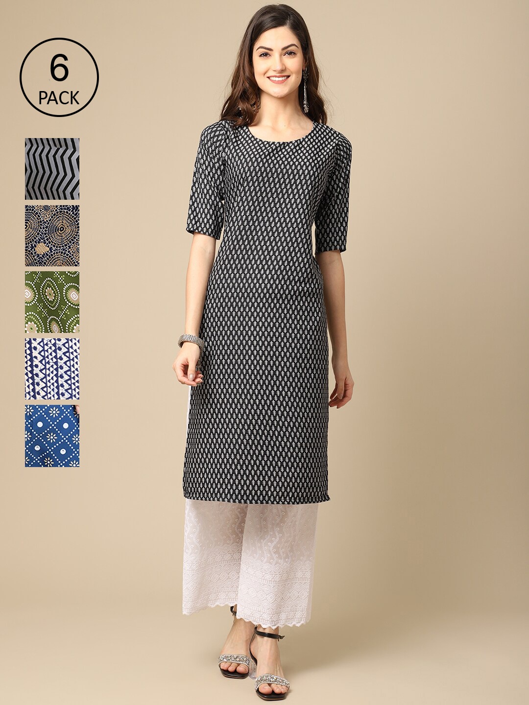 

7Threads Pack of 6 Women Black & Green Geometric Printed Summer Sheers Crepe Kurta