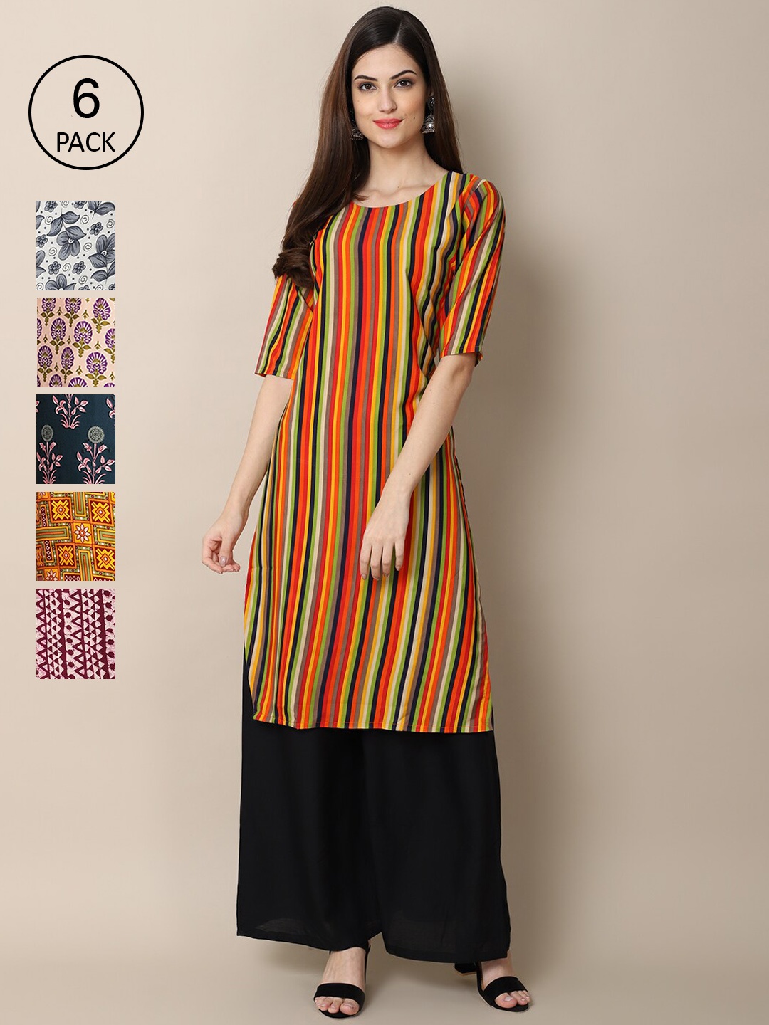 7Threads Women Multicoloured Pack Of 6 Striped Crepe Kurta, Multi