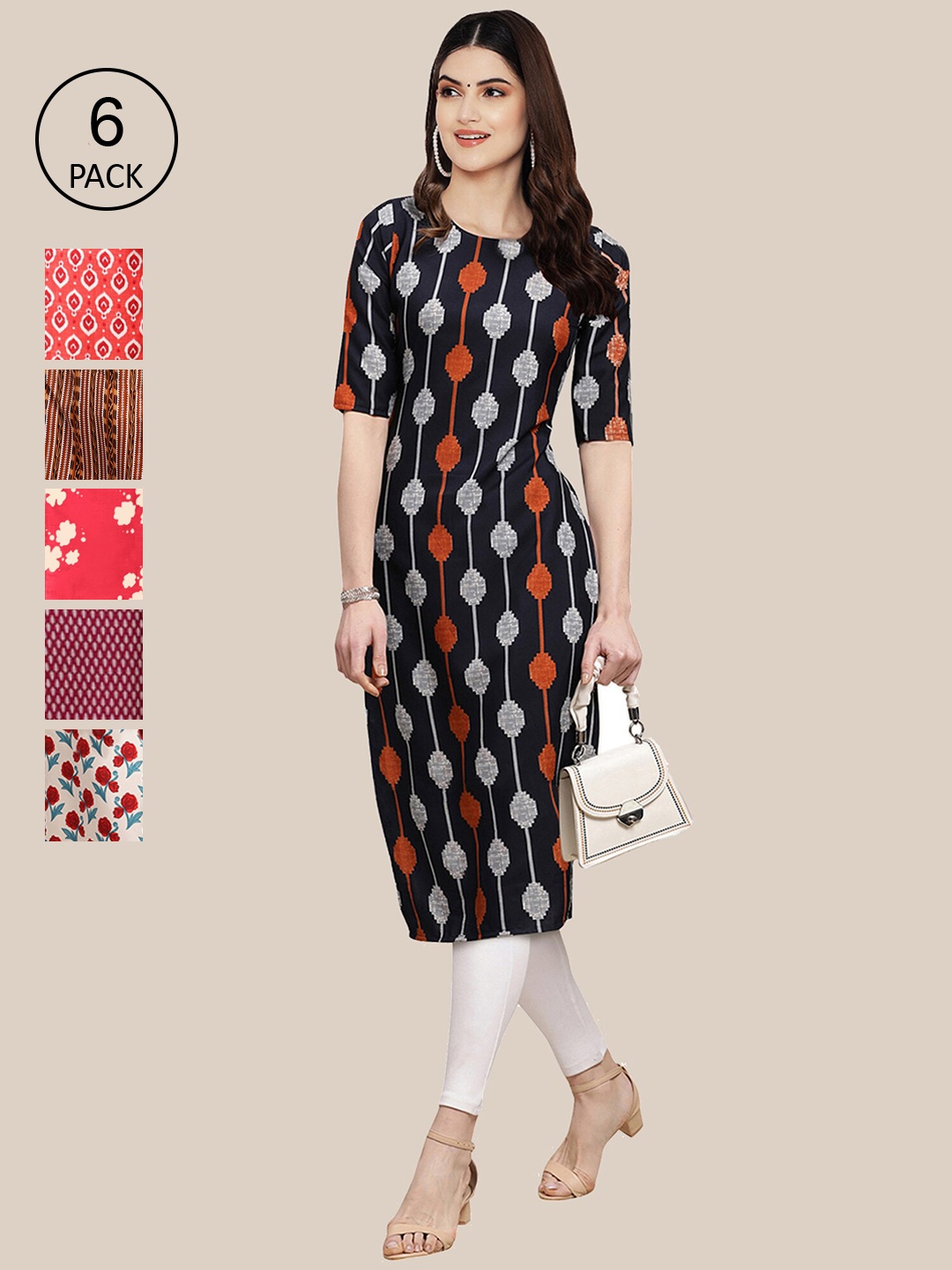 

7Threads Women Pack of 6 Geometric Printed Thread Work Crepe Kurta, Black