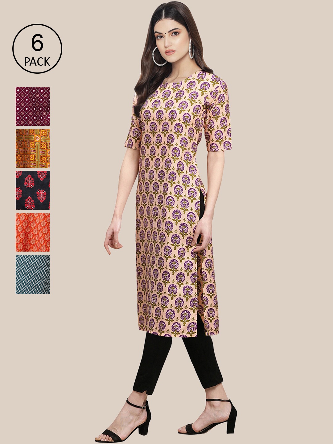 

7Threads Women Pack of 6 Beige & Magenta Ethnic Motifs Printed Crepe Kurta
