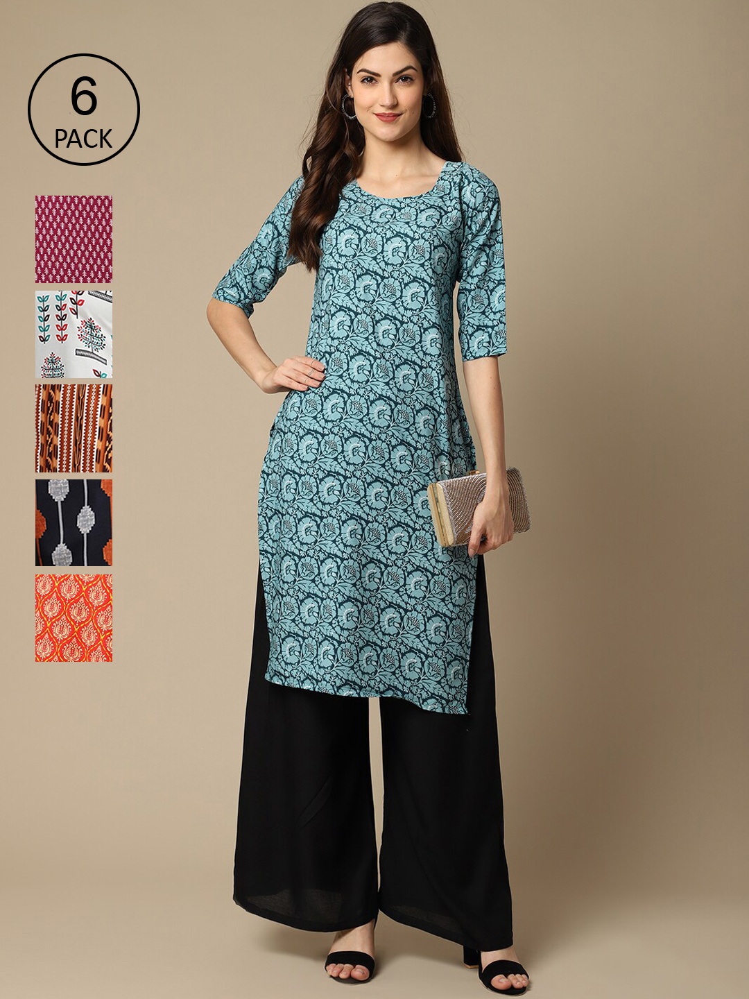 

7Threads Women Pack of 6 Printed Crepe Kurtas, Blue