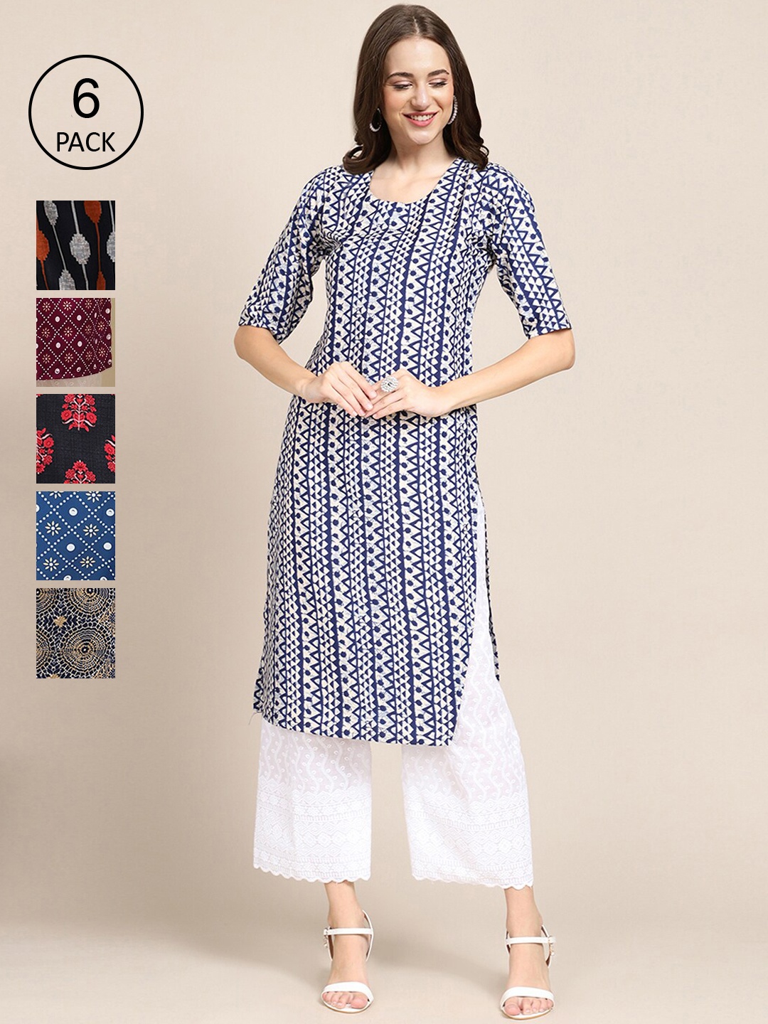 

7Threads Women Pack Of 6 Printed Crepe Kurta, Multi