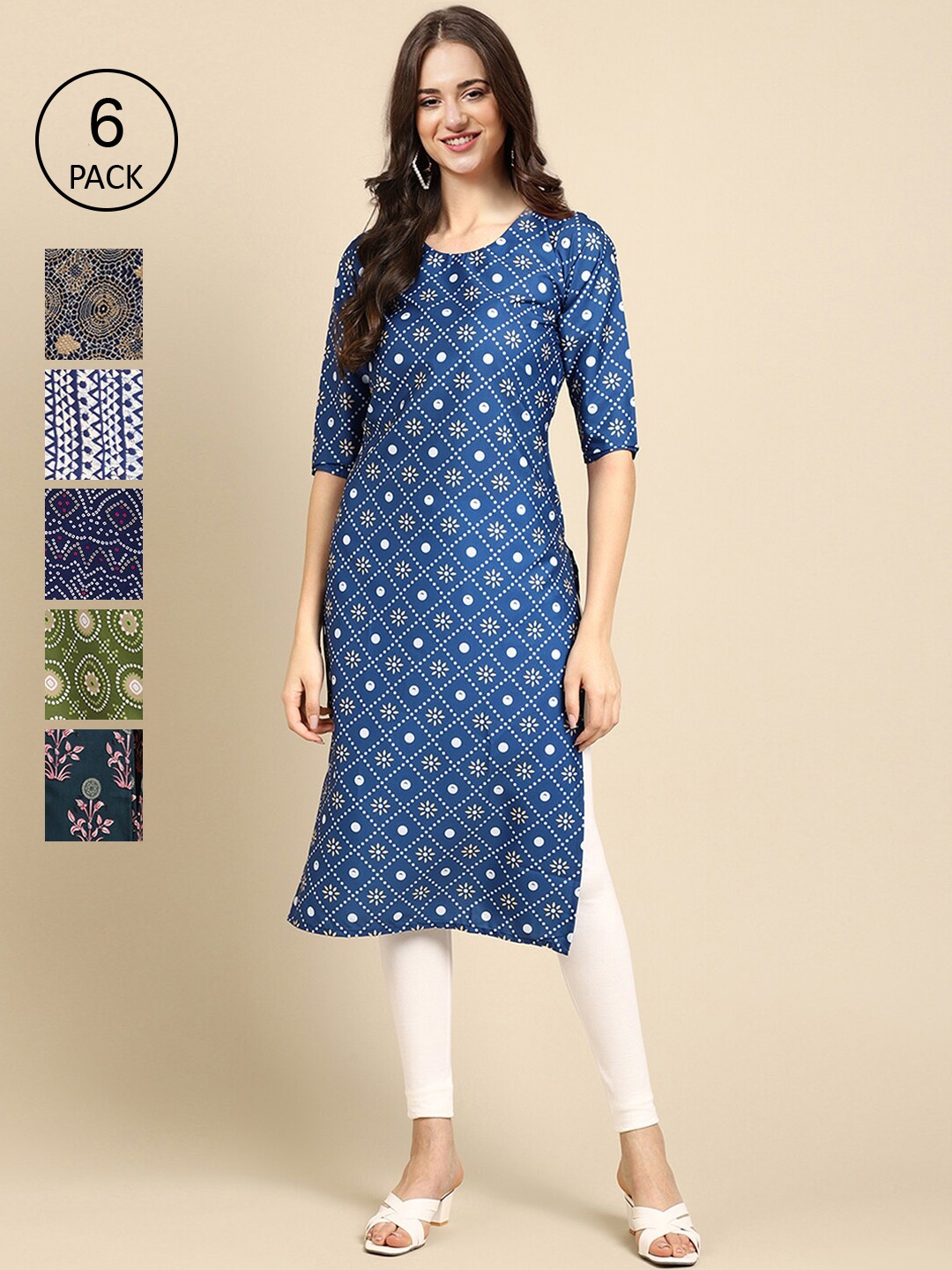 

7Threads Women Pack of 6 Floral Printed Summer Sheers Crepe Kurta, Navy blue