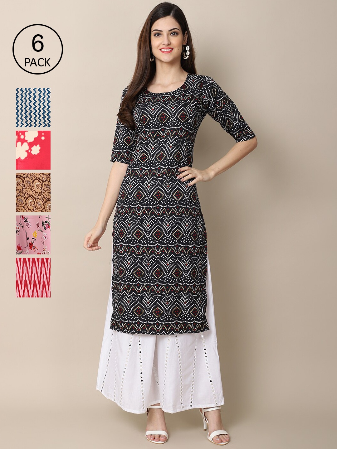 

7Threads Women Pack of 6 Printed Summer Sheers Crepe Kurta, Red
