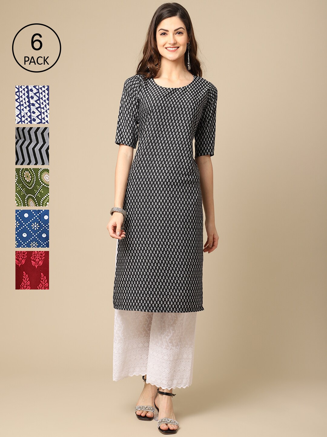 

7Threads Women Pack of 6 Digital Printed Crepe Straight Kurtas, Black