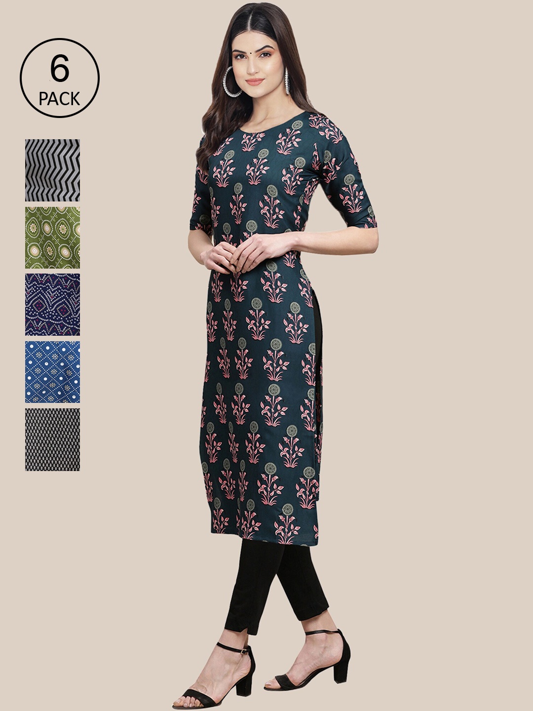 

7Threads Women Pack of 6 Women Printed Straight Crepe Kurta, Multi