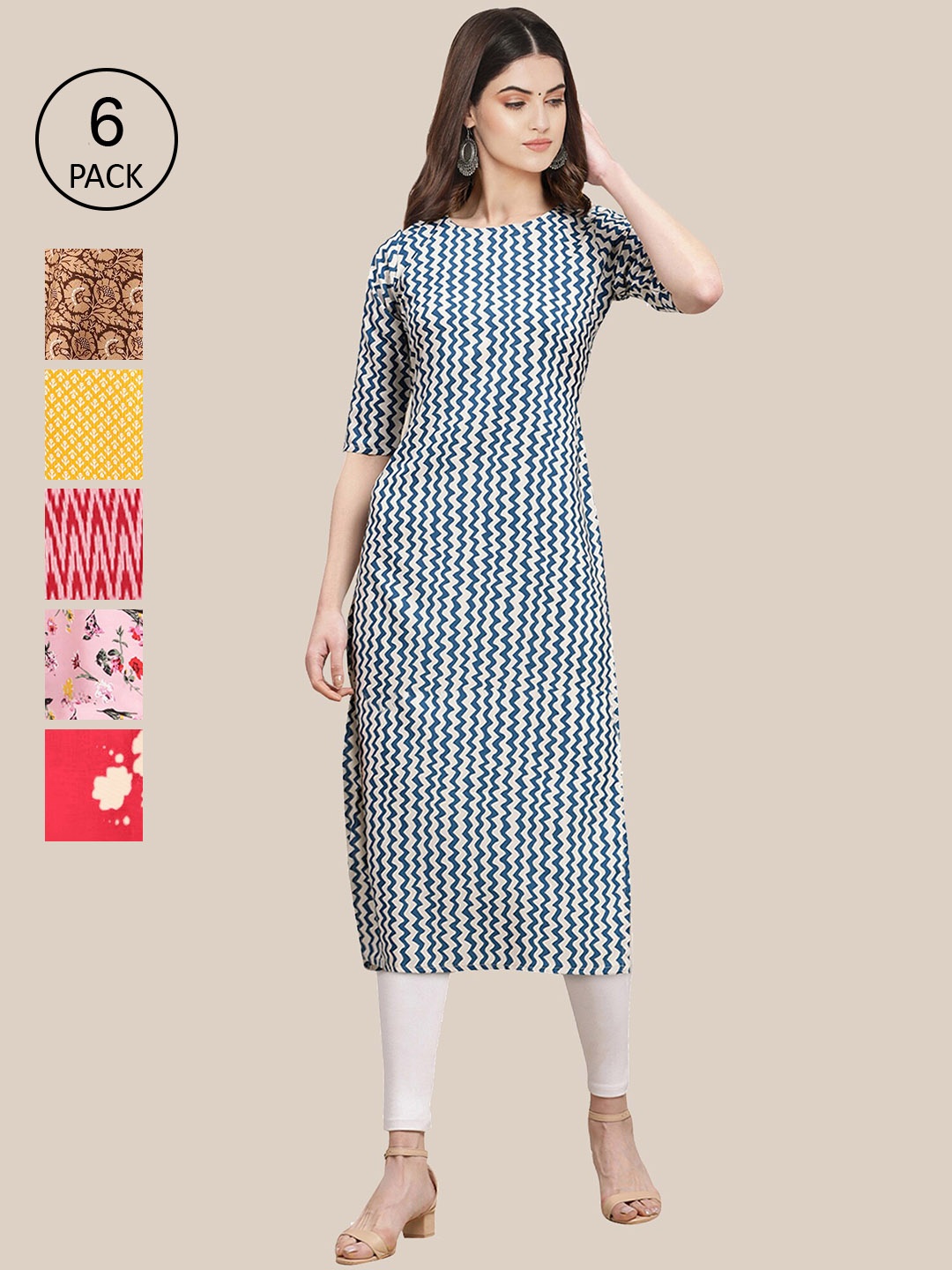 

7Threads Women Pack Of 6 Floral Printed Thread Work Summer Sheers Crepe Kurta, Multi