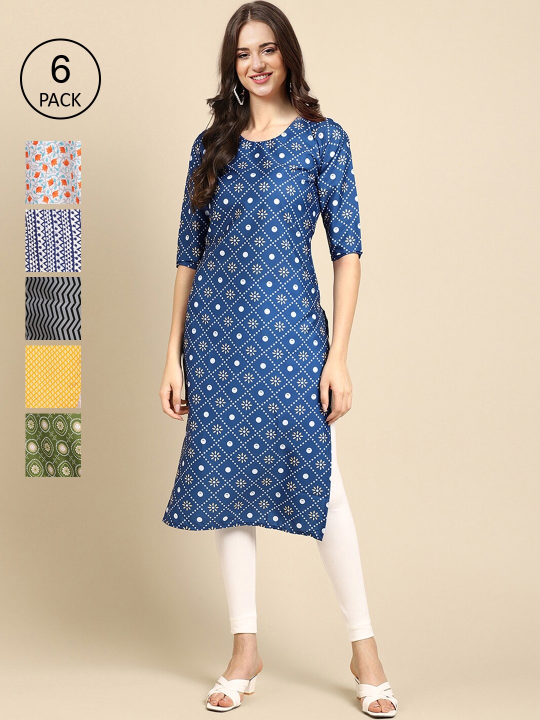 

7Threads Pack of 6 Women Yellow & Beige Floral Printed Summer Sheers Crepe Kurta