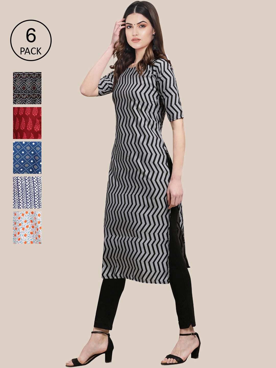 

7Threads Women Pack Of 6 Black & Red Printed Crepe Kurta