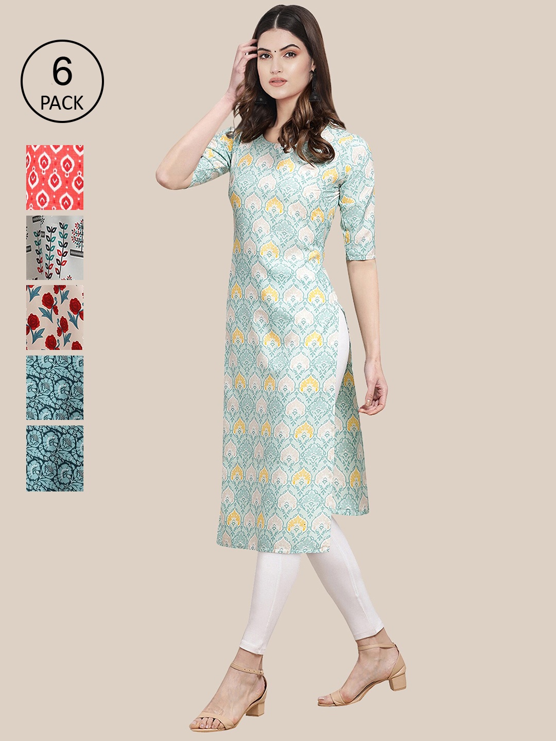 

7Threads Women Pack Of 6 Ethnic Motifs Printed Crepe Kurta, Blue