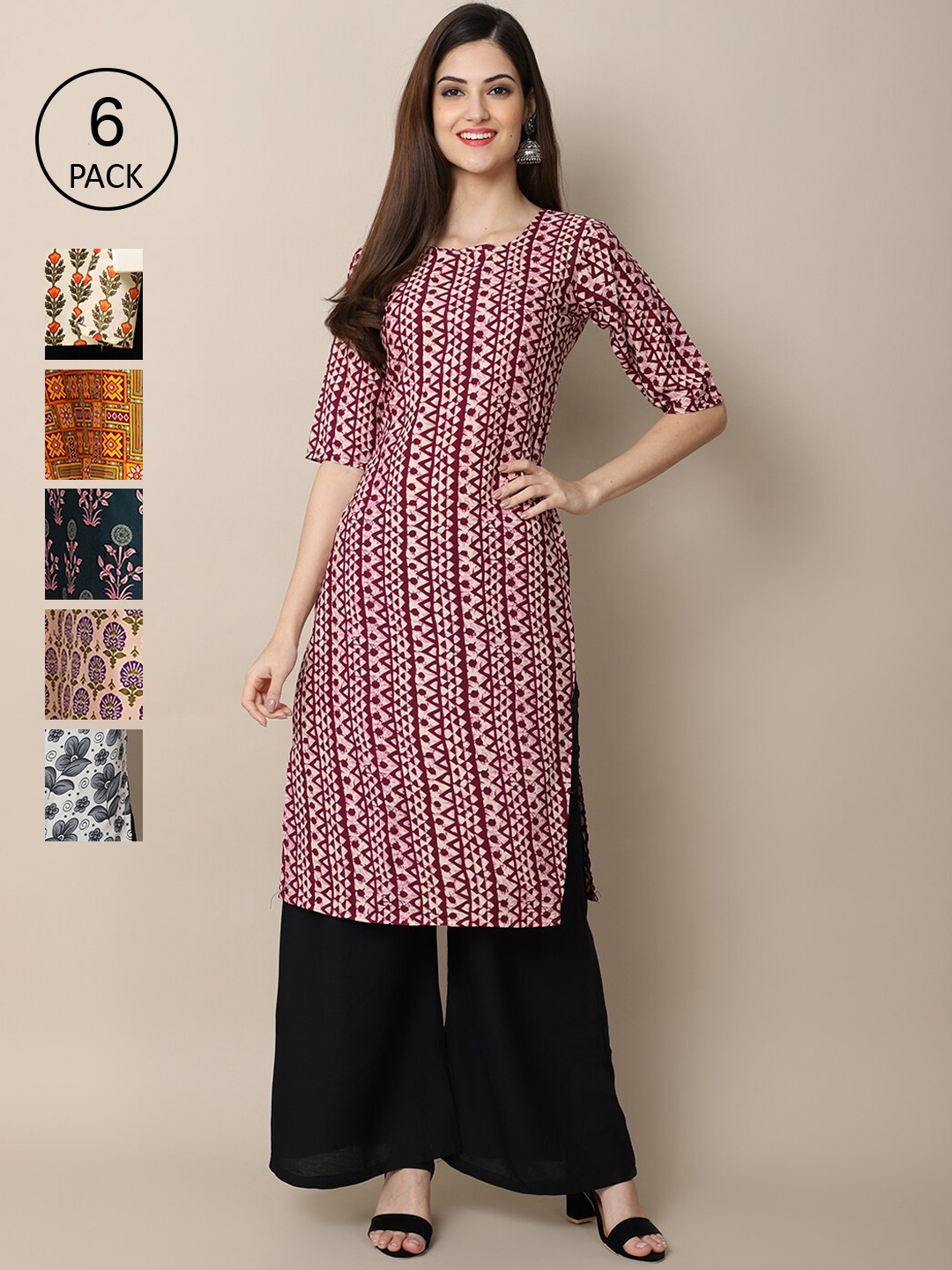 

7Threads Women Pack Of 6 Purple & Beige Printed Crepe Kurta
