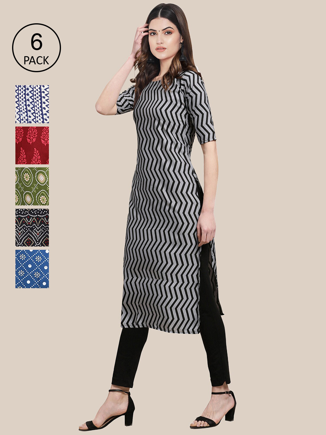 

7Threads Women Pack of 6 Digital Printed Crepe Straight Kurtas, Black