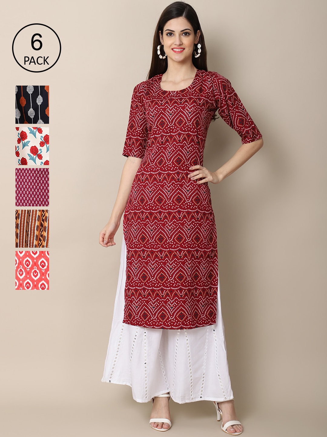 

7Threads Women Pack of 6 Ethnic Motifs Printed Summer Sheers Crepe Kurta, Maroon