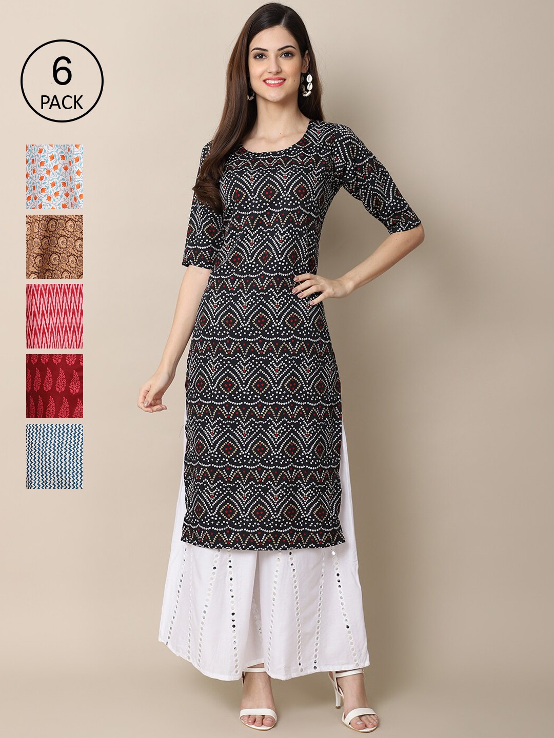 7Threads Women Pack of 6 Digital Printed Crepe Straight Kurtas, Black