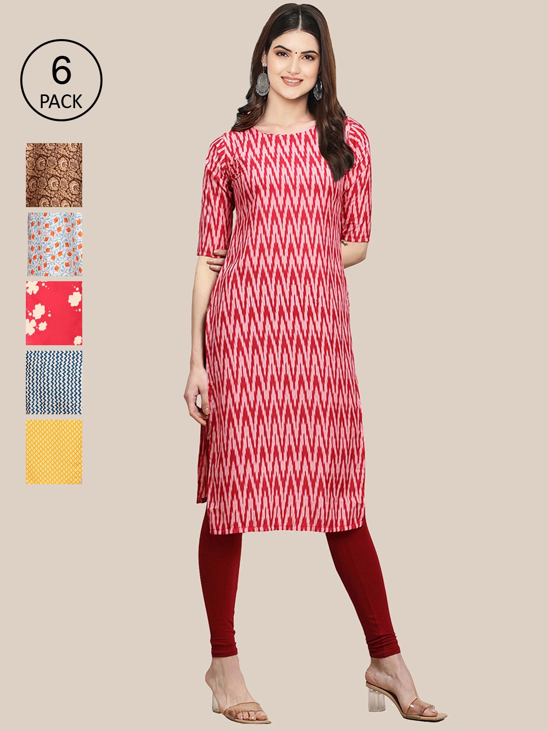 

7Threads Women Set Of 6 Pink & Blue Floral Printed Crepe Kurta