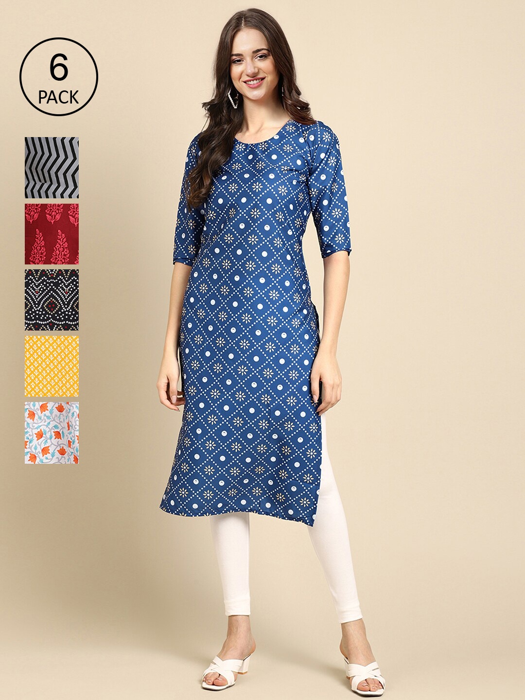 

7Threads Women Pack of 6 Digital Printed Crepe Straight Kurtas, Blue