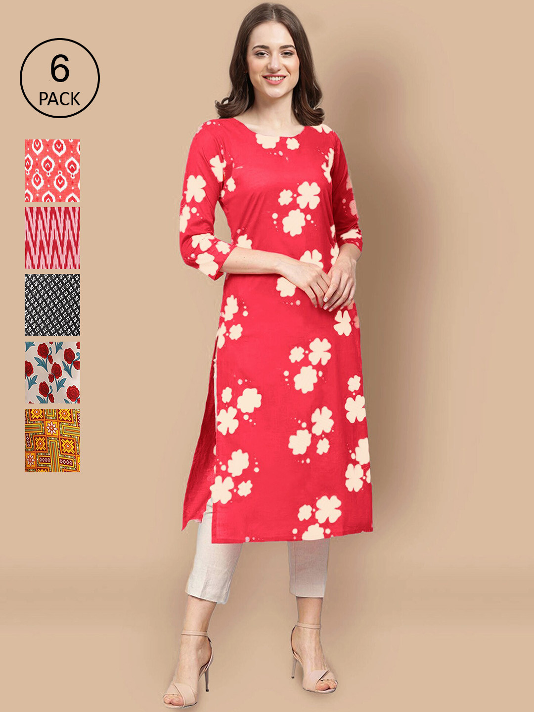 

7Threads Women Pack Of 6 Red & White Printed Crepe Kurta