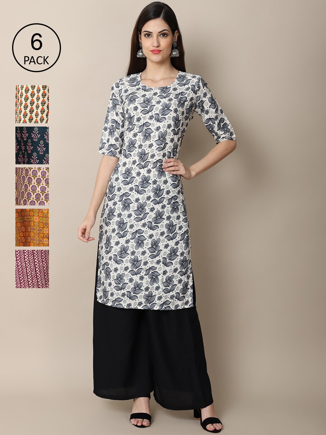 

7Threads Women Pack of 6 Digital Printed Crepe Straight Kurtas, Grey
