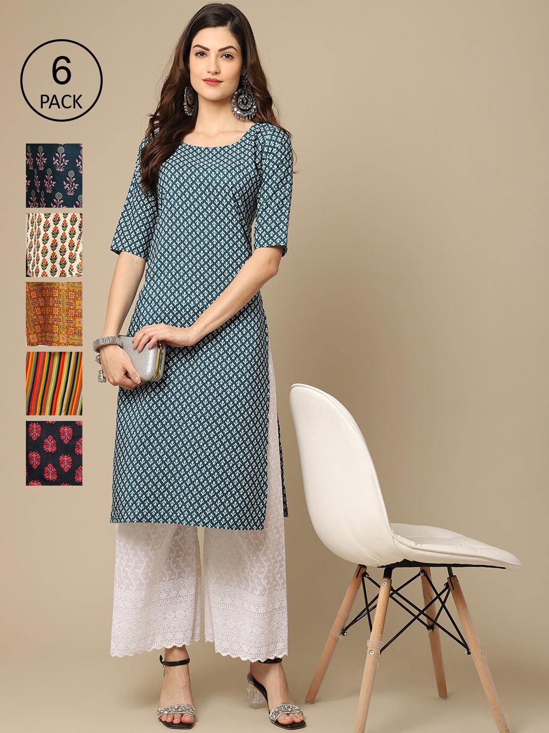 

7Threads Women Pack of 6 Ethnic Motifs Printed Crepe Kurta, Blue