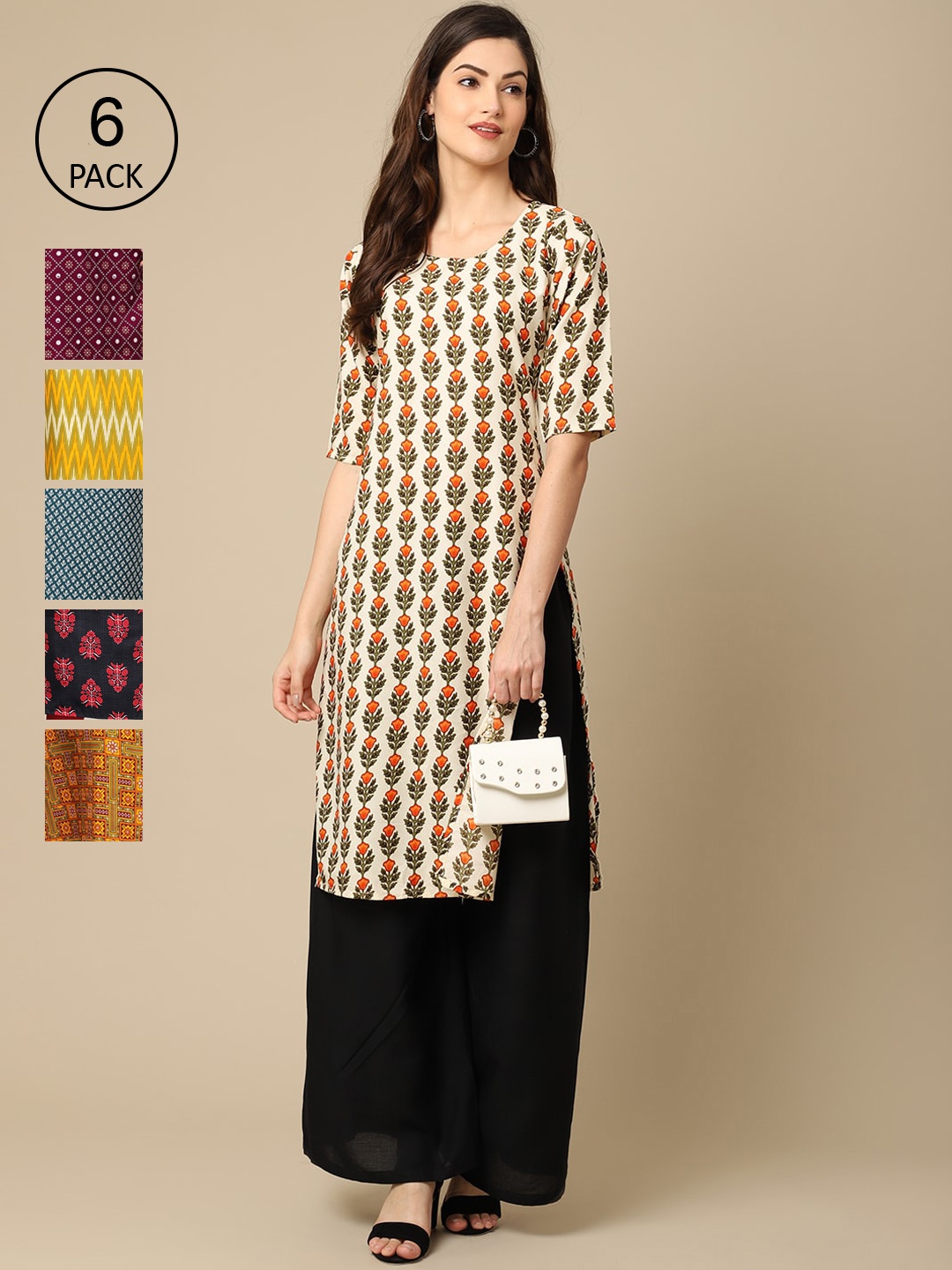 

7Threads Women Pack of 6 Geometric Printed Crepe Kurta, Multi
