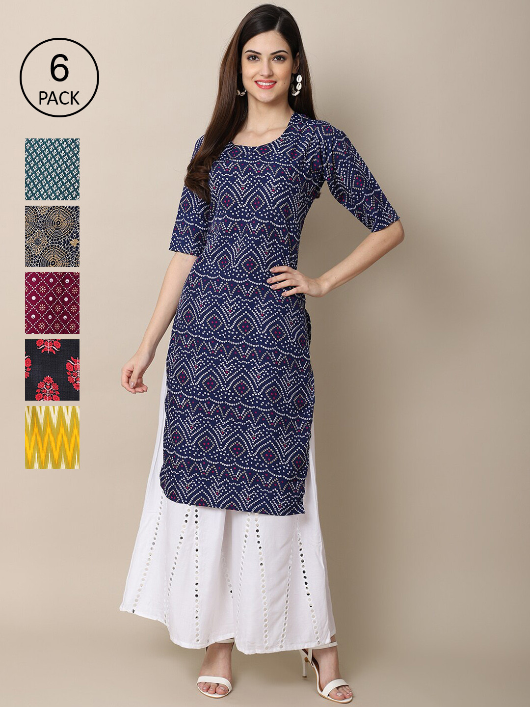 

7Threads Women Set Of 6 Navy Blue & Yellow Floral Printed Crepe Kurta