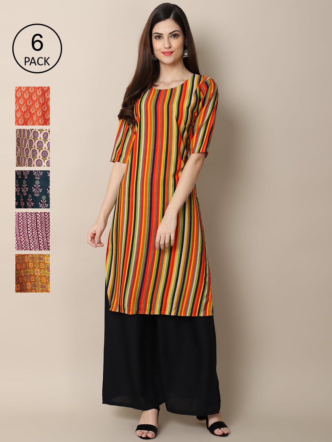 

7Threads Women Pack Of 6 Printed Crepe Kurta, Multi