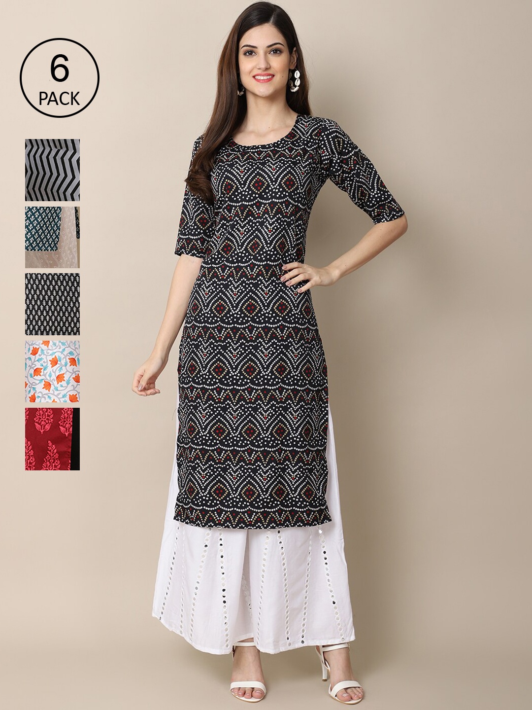 

7Threads Women Pack of 6 Black & White Floral Printed Crepe Kurta
