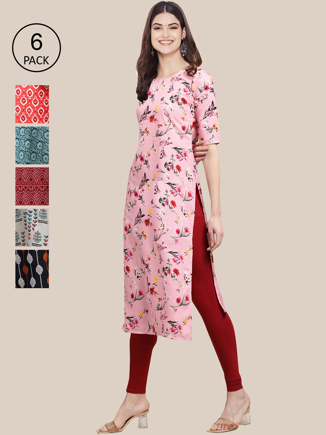 

7Threads Women Pack of 6 Digital Printed Crepe Straight Kurtas, Pink
