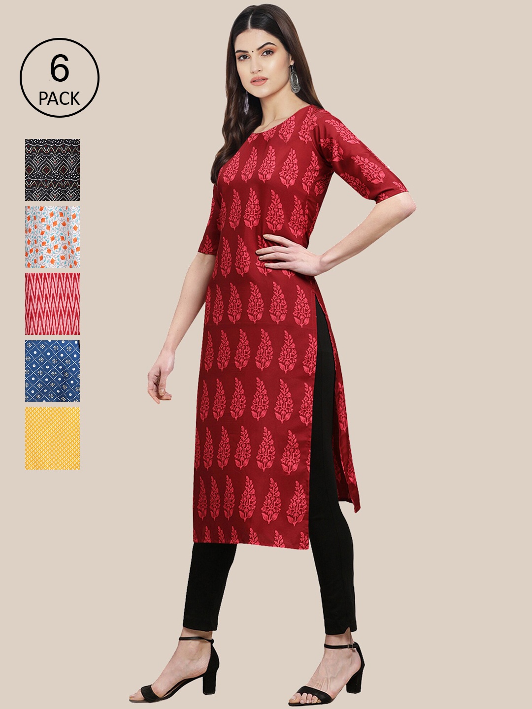 

7Threads Women Pack of 6 Women Printed Straight Crepe Kurta, Multi