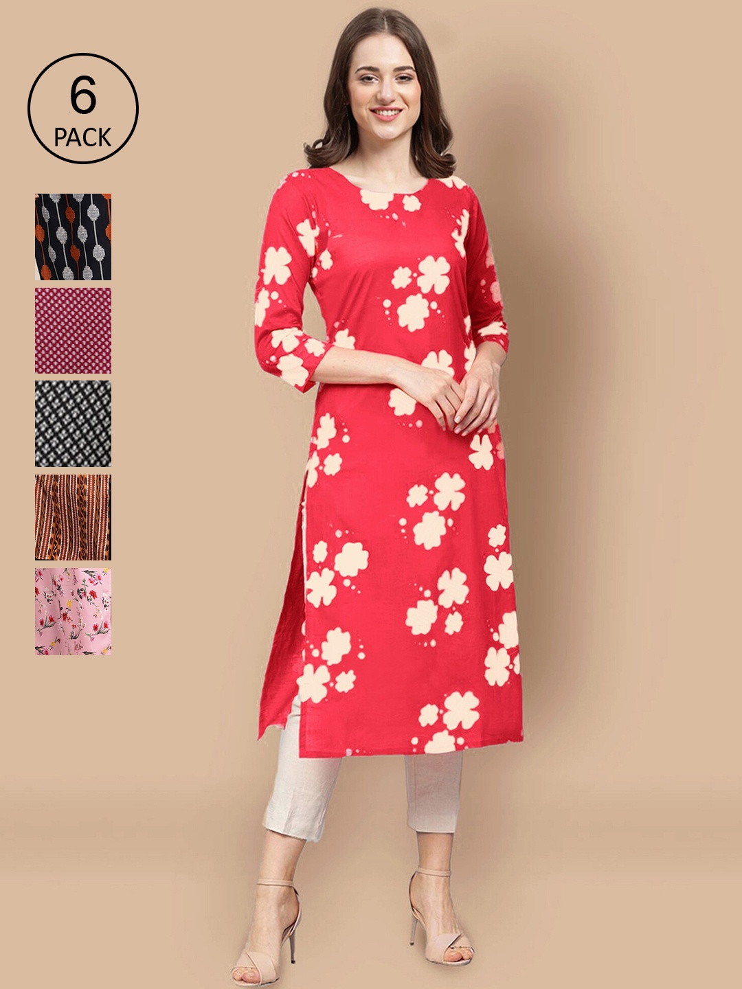 

7Threads Pack of 6 Women Red & Pink Floral Printed Summer Sheers Crepe Kurta