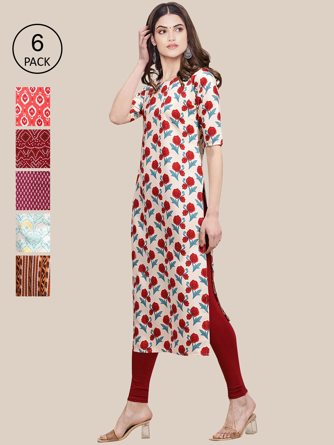 7Threads Women Red & Blue Pack of 6 Ethnic Motifs Printed Crepe Kurtas
