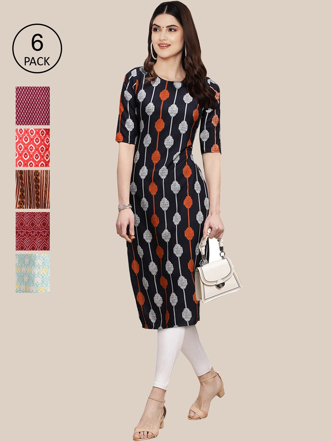 

7Threads Women Black And Red Ethnic Motifs Striped Summer Sheers Crepe Kurta [PACK OF 6]