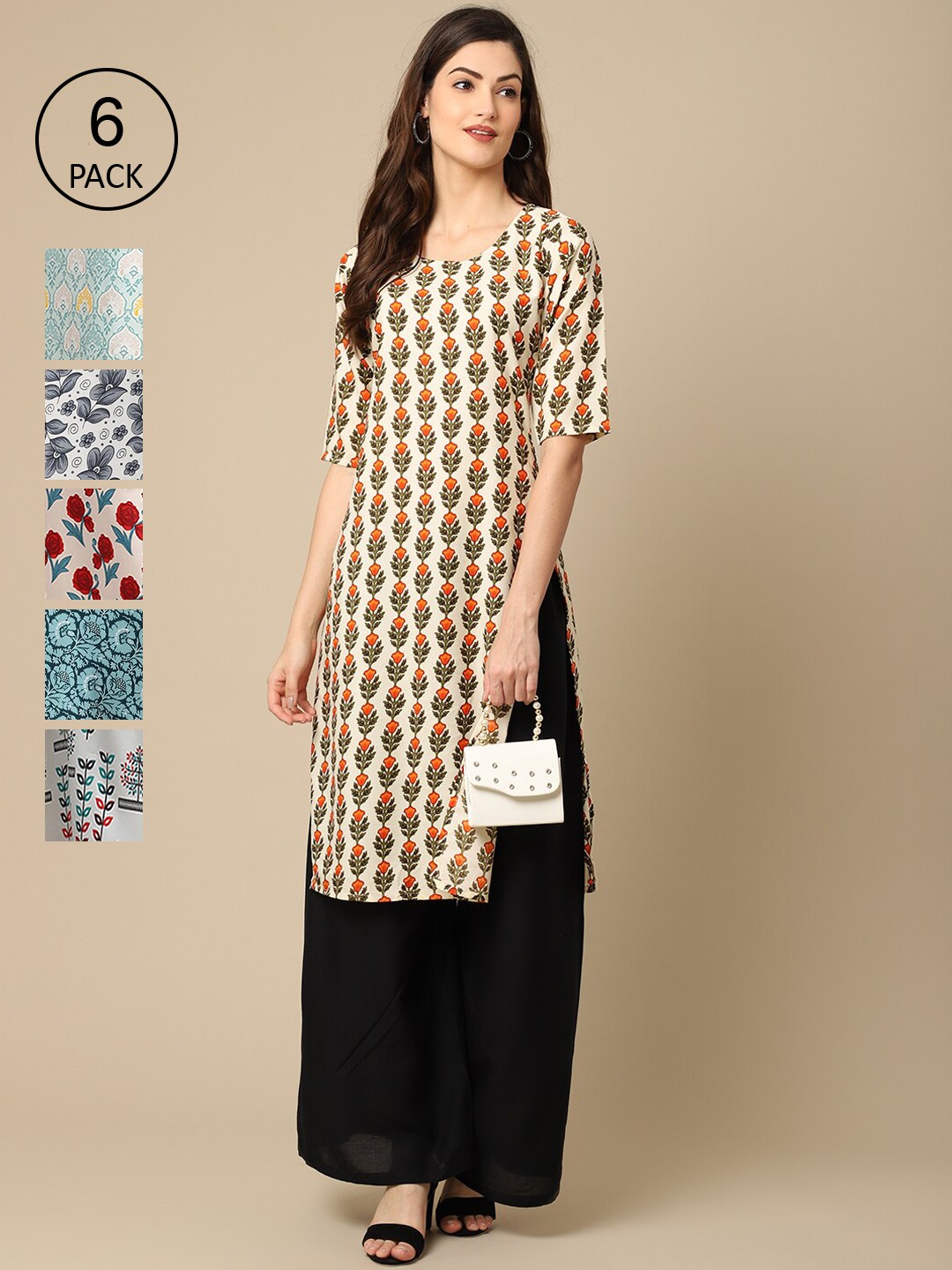 

7Threads Women Pack of 6 Printed Summer Sheers Crepe Kurta, Cream