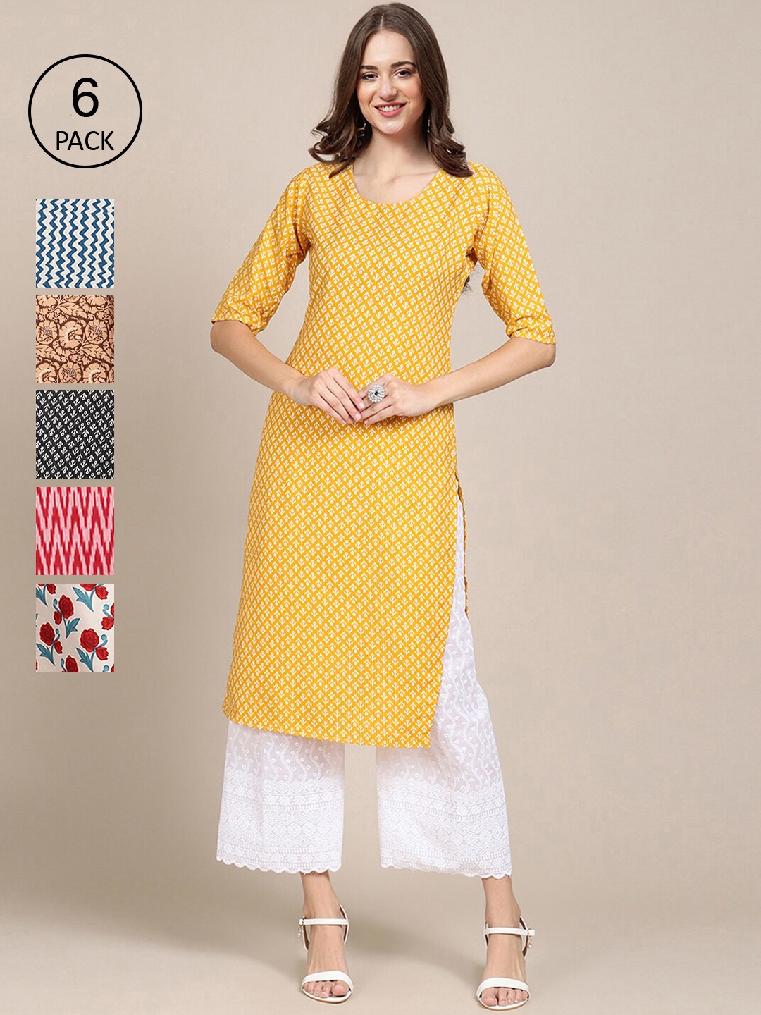 

7Threads Women Pack of 6 Ethnic Motifs Printed Summer Sheers Crepe Kurta, Multi
