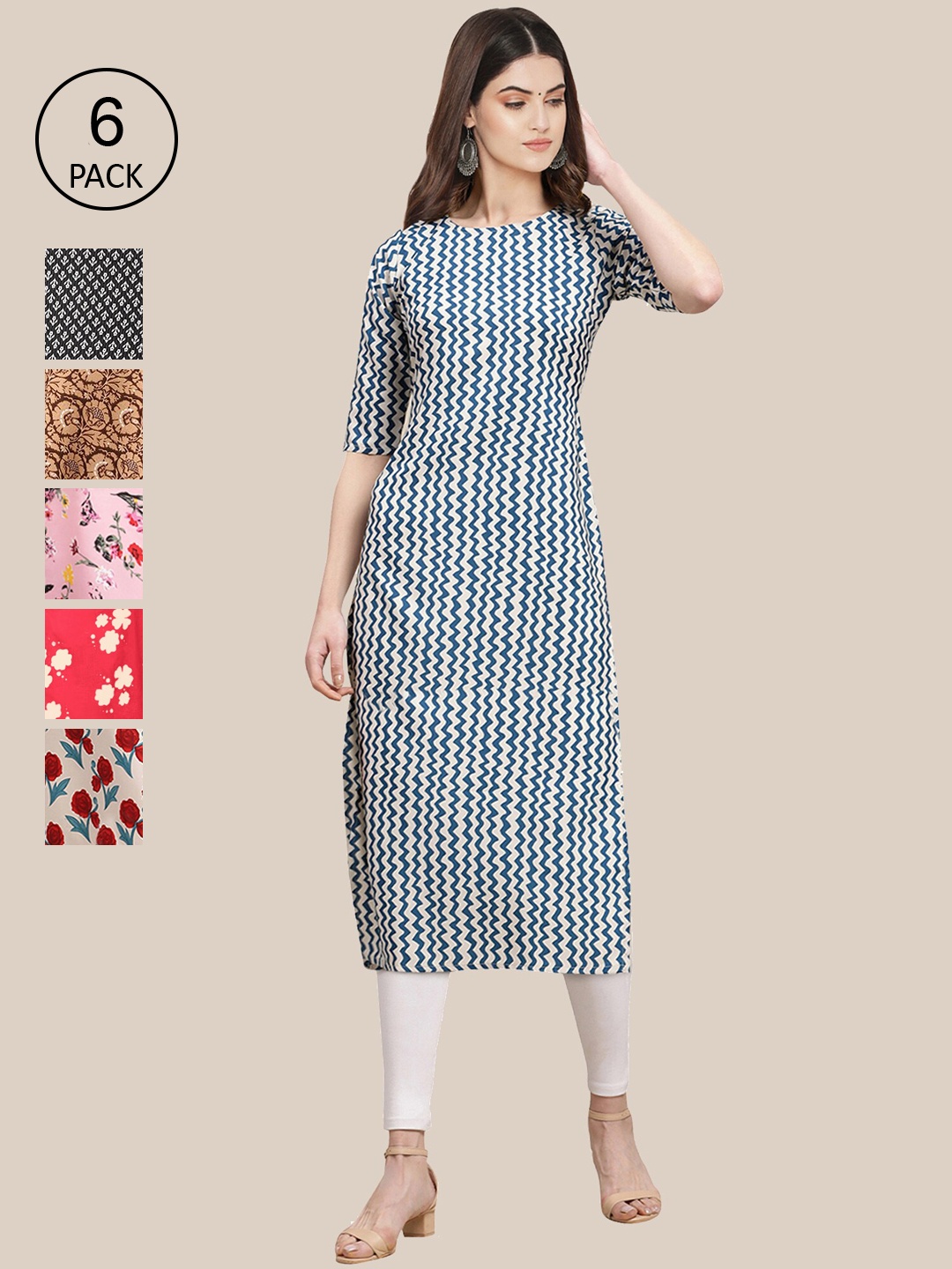 

7Threads Women Multicoloured Pack Of 6 Ethnic Motifs Printed Crepe Kurta, Multi