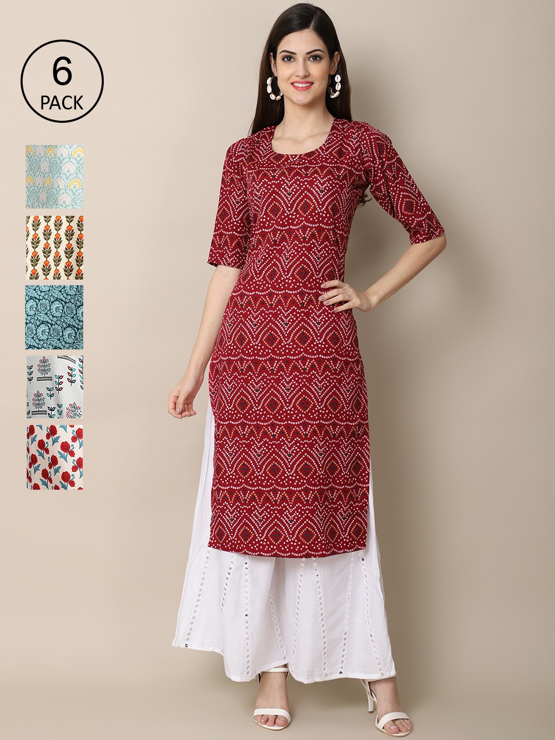 

7Threads Women Pack of 6 Printed Crepe Kurtas, Multi